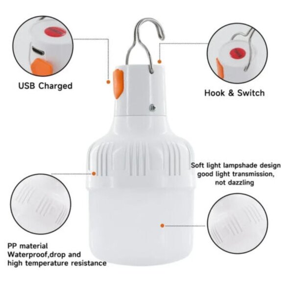 Outdoor / Indoor usb rechargable led bulb lantern high brightness with hook - Picture 2 of 6